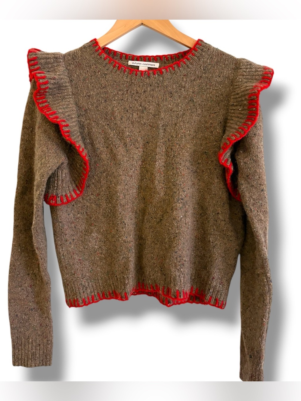 Autumn Cashmere Brown and Red Detail Cashmere Ruffle Sweater